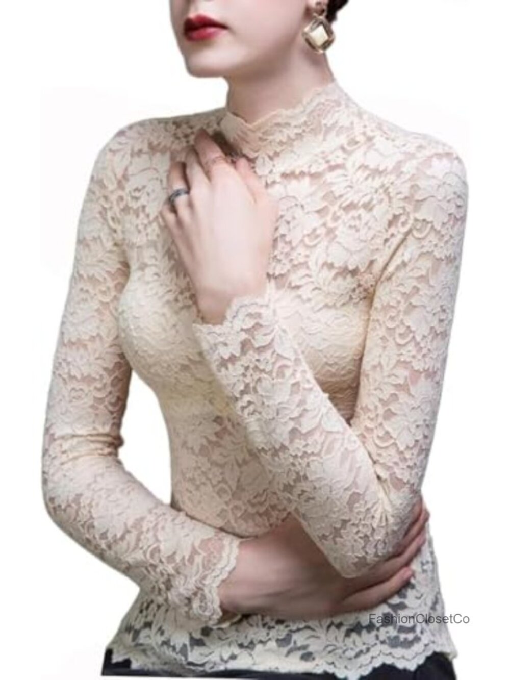 Lace Top for Women Long Sleeve Sheer Turtleneck Floral Mesh Blouse Going Out